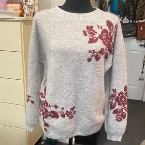 Knox Rose Gray Sweater with Red Floral Design Size Small